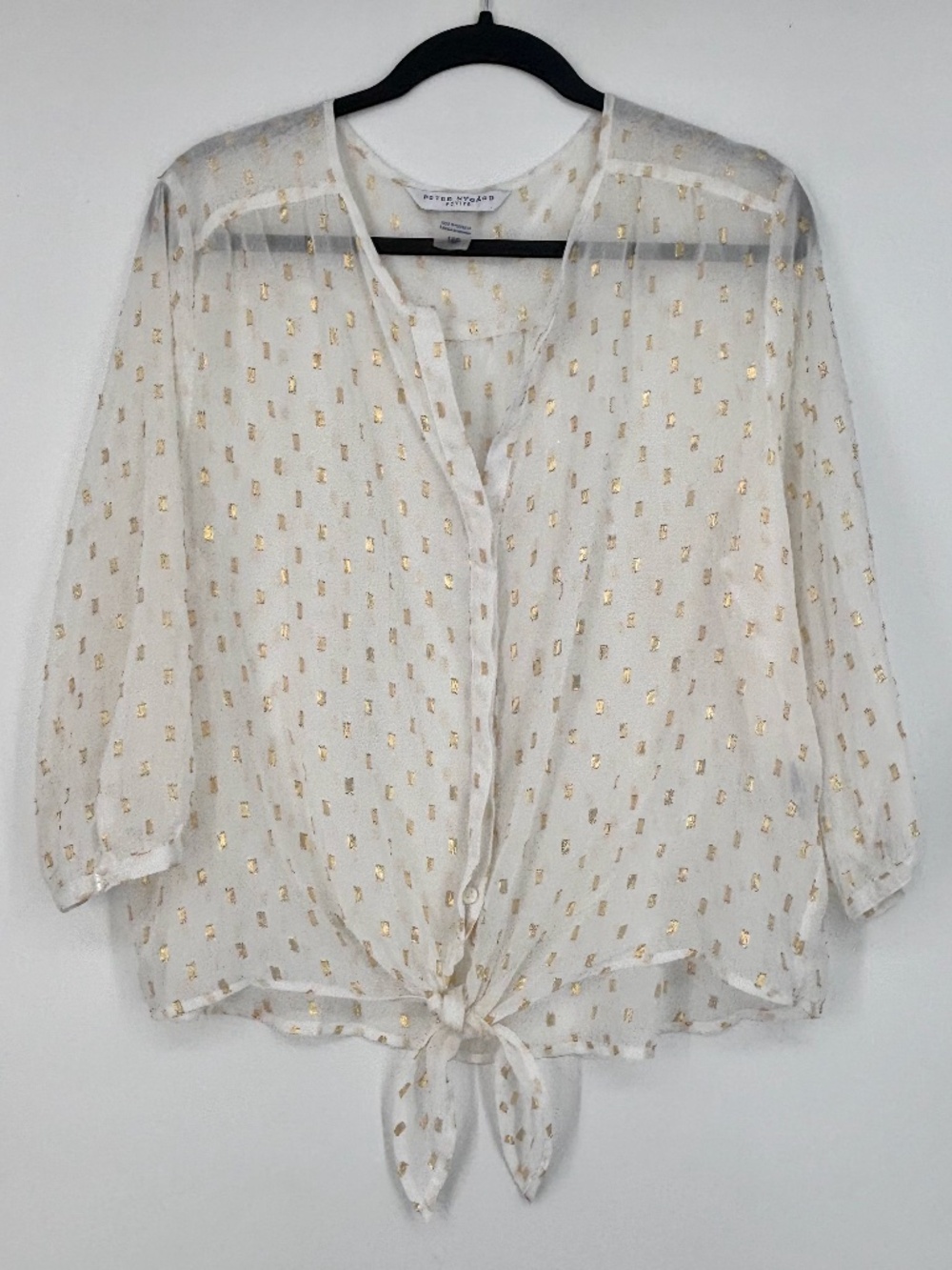 Peter Nygard Womens PETITE 16 Button Up Sheer Blouse White Metallic Gold Tie Hem